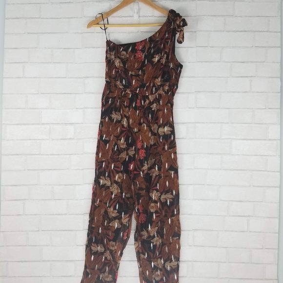 Anthropologie Sz 2 Maeve Kyoto Metallic Floral Jumpsuit Brown One Shoulder Crepe - Picture 9 of 12